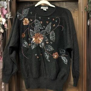 Vintage Sentiments Women’s Black Floral Sequin Beaded Sweater